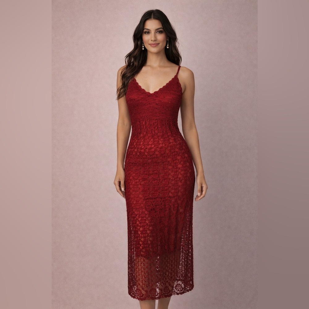 Alfredo Venini red crocheted and beaded embellished dress, size L